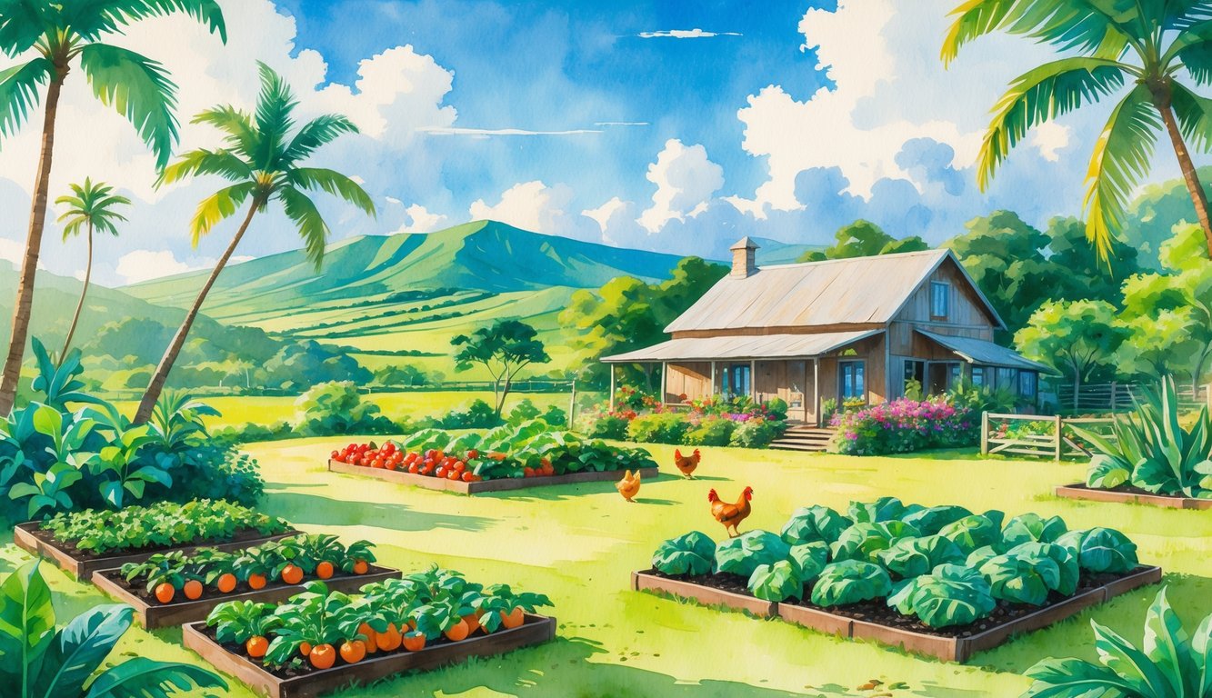 A peaceful farm with a rustic house, tropical plants, chickens, and green hills under a blue sky.