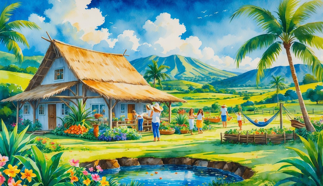 A peaceful Hawaiian farm with a rustic farmhouse, tropical plants, guests enjoying farm activities, palm trees, hills, and mountains under a bright sky.