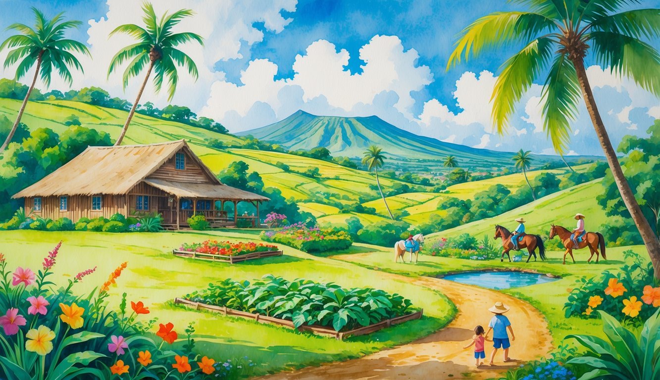 A peaceful Hawaiian farm with a wooden house, tropical plants, people horseback riding, children playing near a stream, and mountains in the background.
