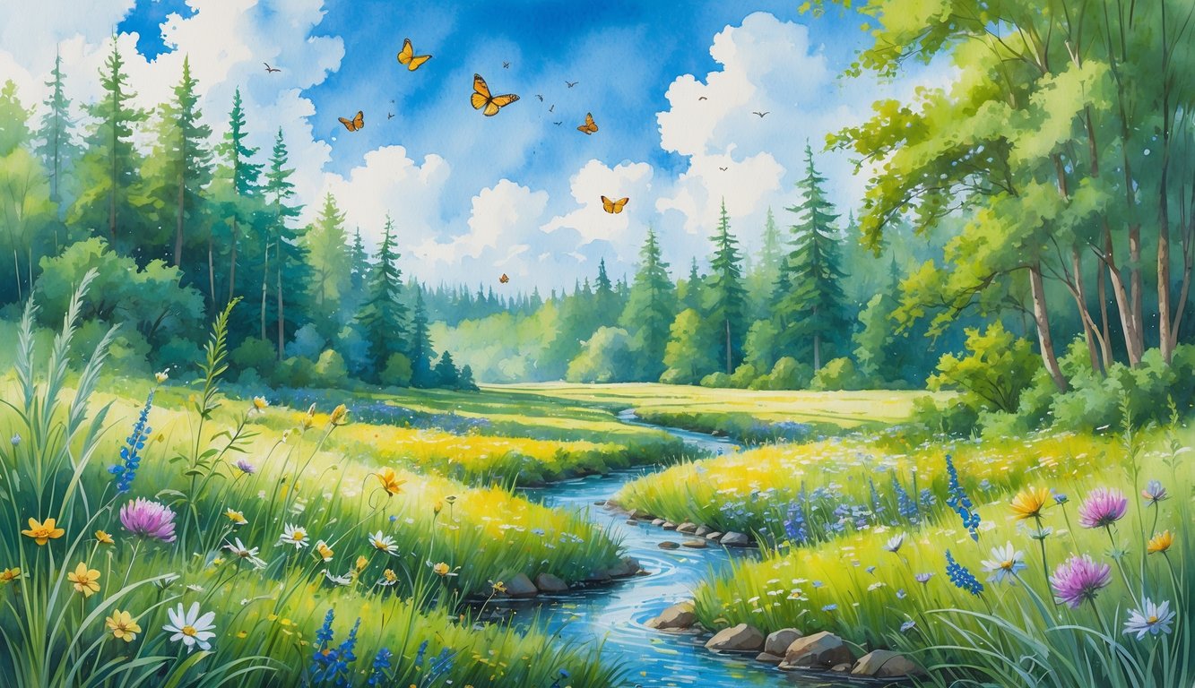 A peaceful meadow with native wildflowers, grasses, butterflies, bees, a flowing stream, and a forest in the background under a blue sky.