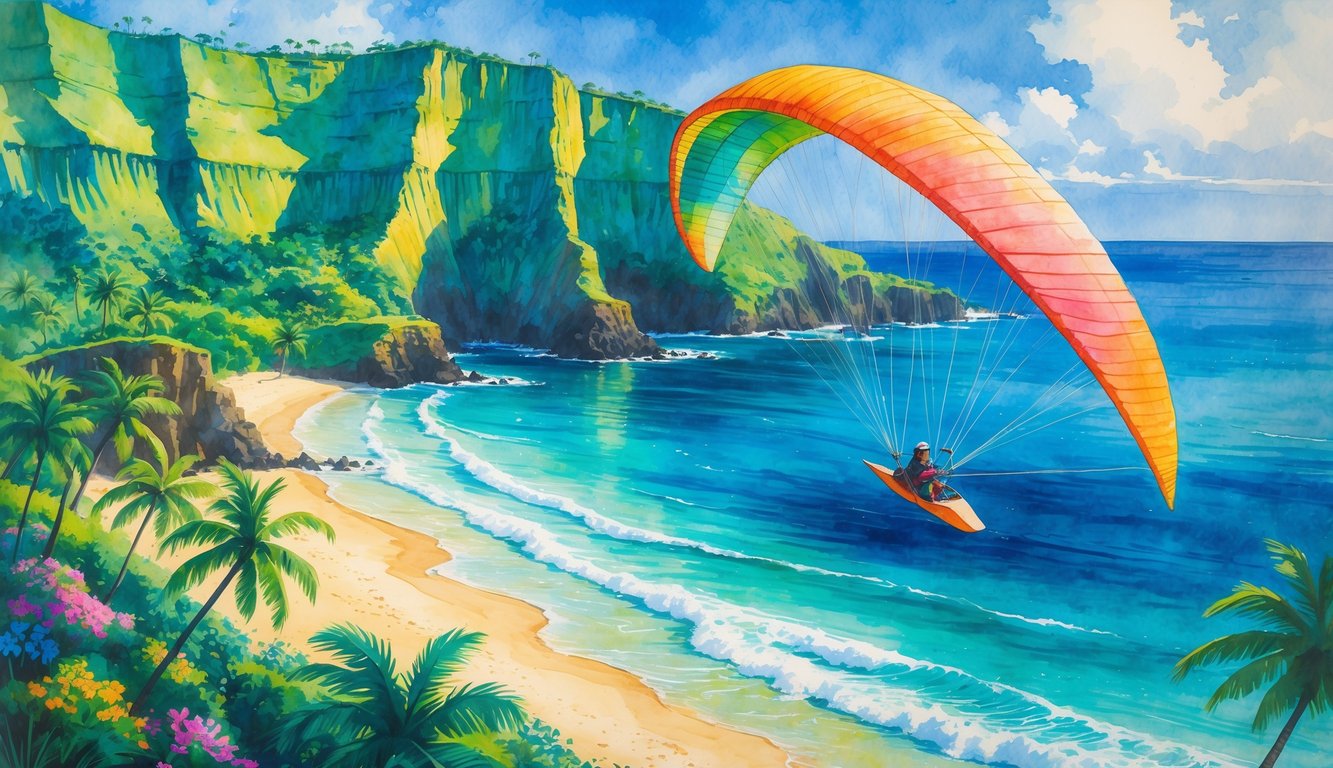 A hang glider flying over green cliffs and blue ocean near a sandy beach with palm trees.