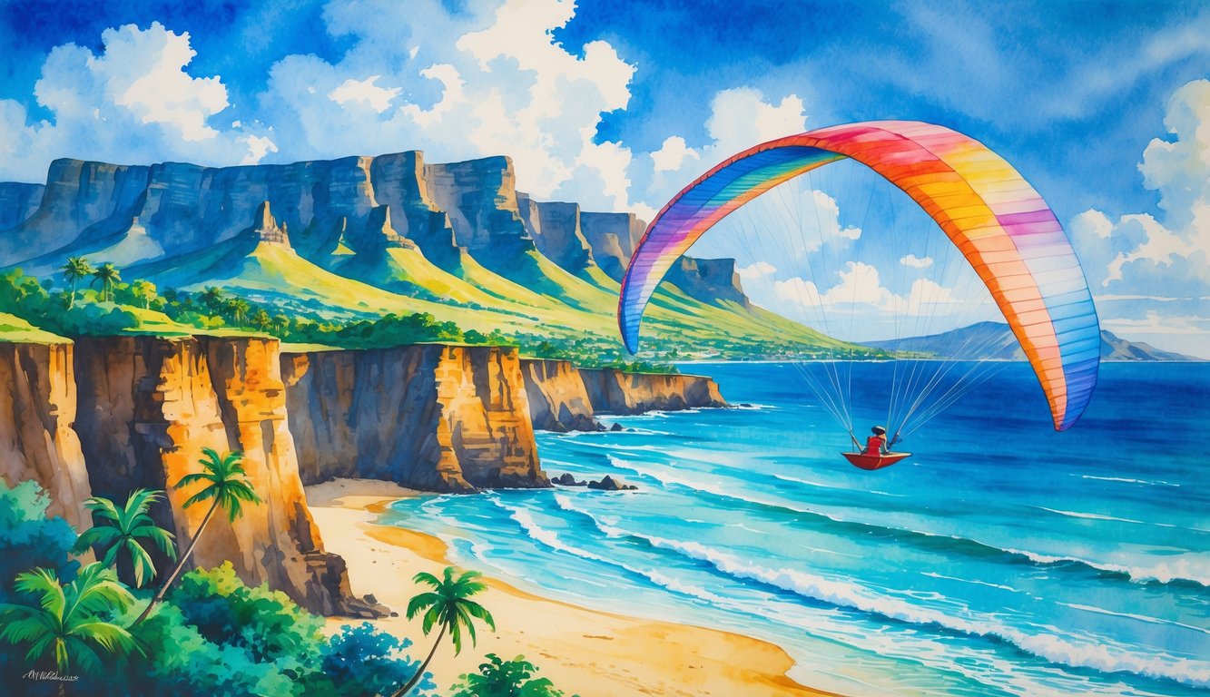 A hang glider flying over green cliffs and palm trees near a beach with ocean waves and mountains in the background.