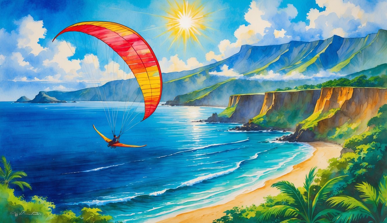 A hang glider flying over green cliffs and tropical plants with the ocean and mountains in the background under a bright sky.