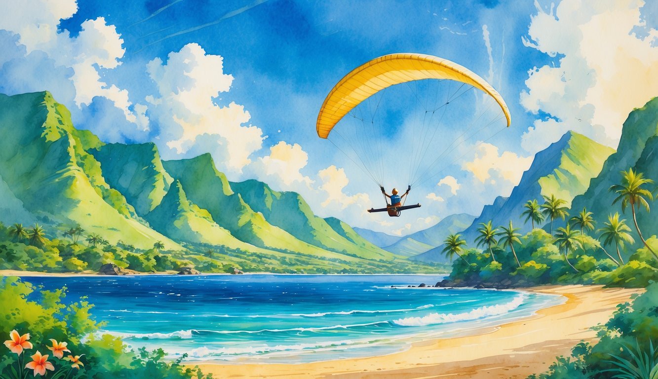 A person hang gliding over green mountains and the ocean with a clear sky and tropical landscape below.