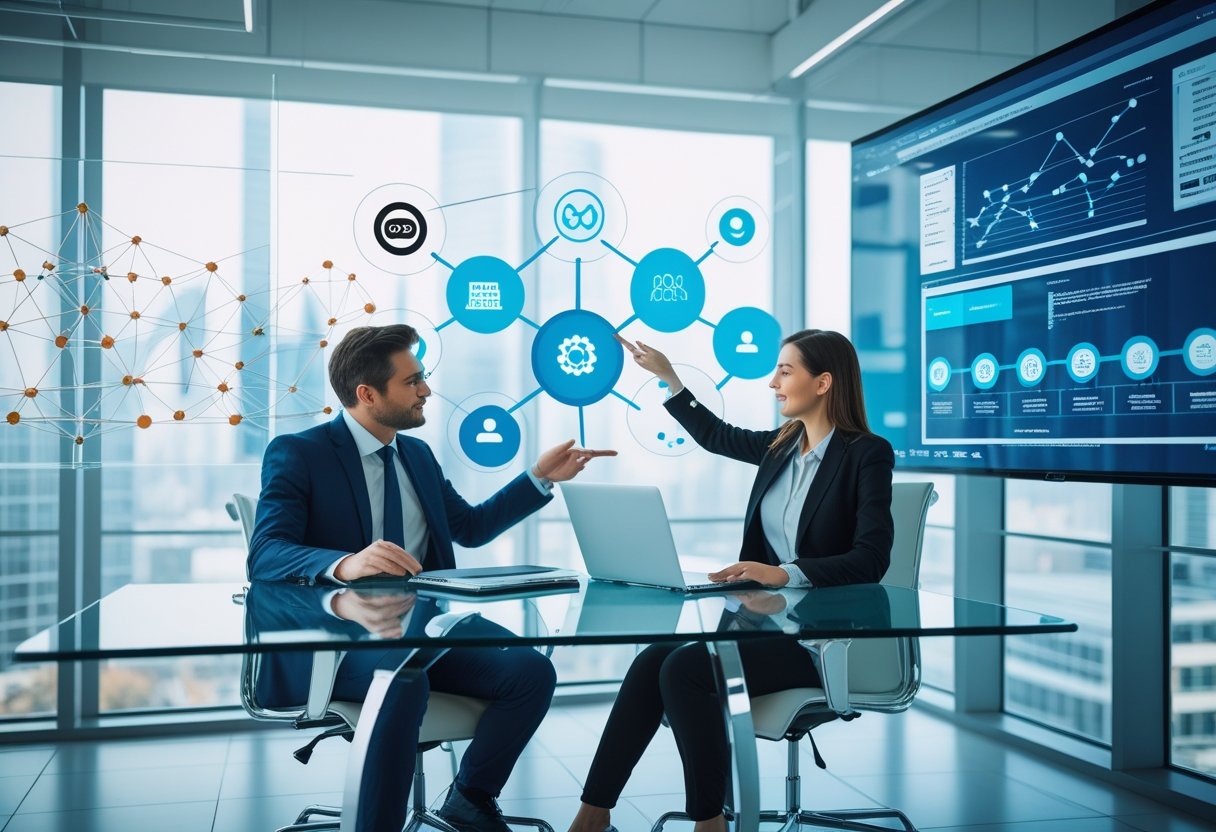 Two business professionals discussing charts and digital graphics representing brand and topical authority in a modern office.