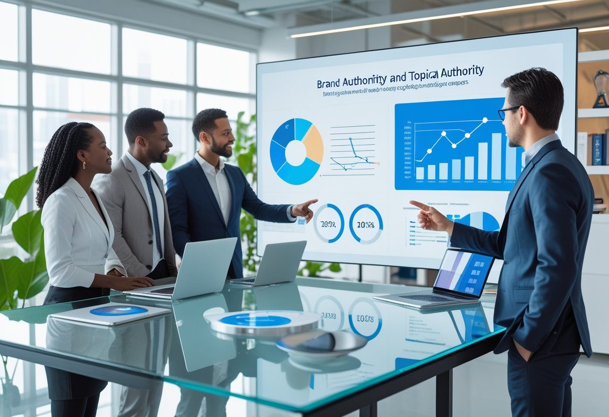 A group of professionals discussing digital marketing strategies around a table with laptops and charts in a bright office.