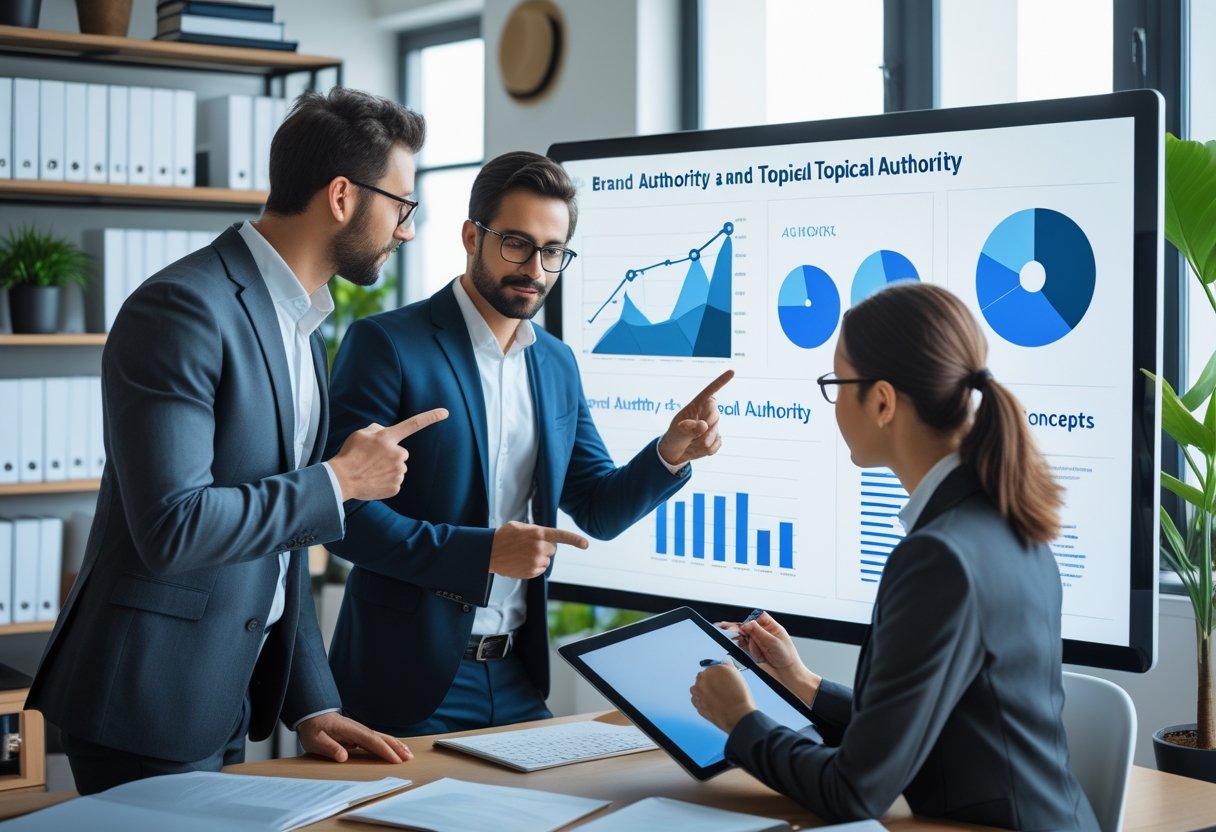 Two business professionals discussing graphs on a digital screen in a modern office.