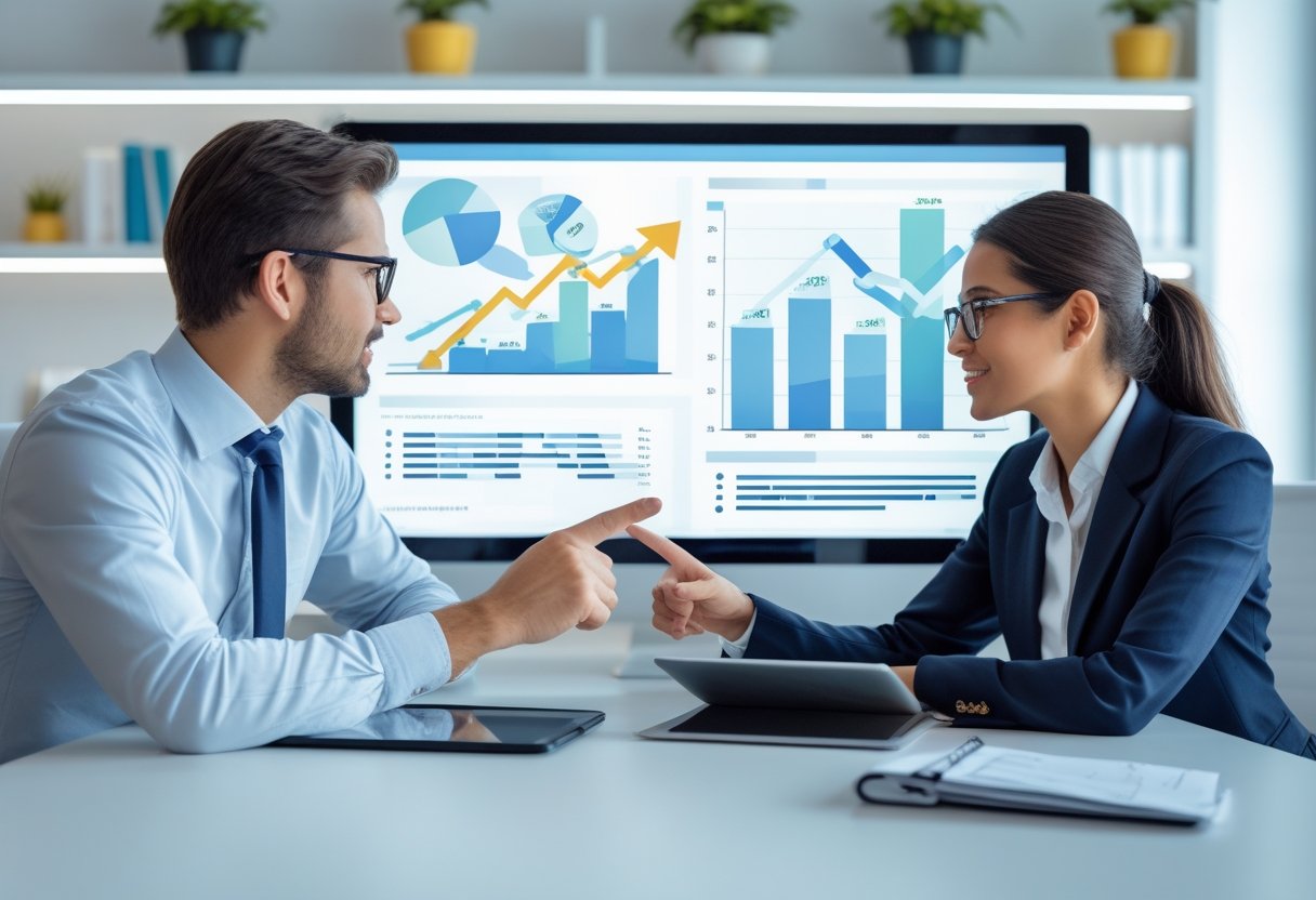 Two business professionals discussing data on a digital screen in a modern office.
