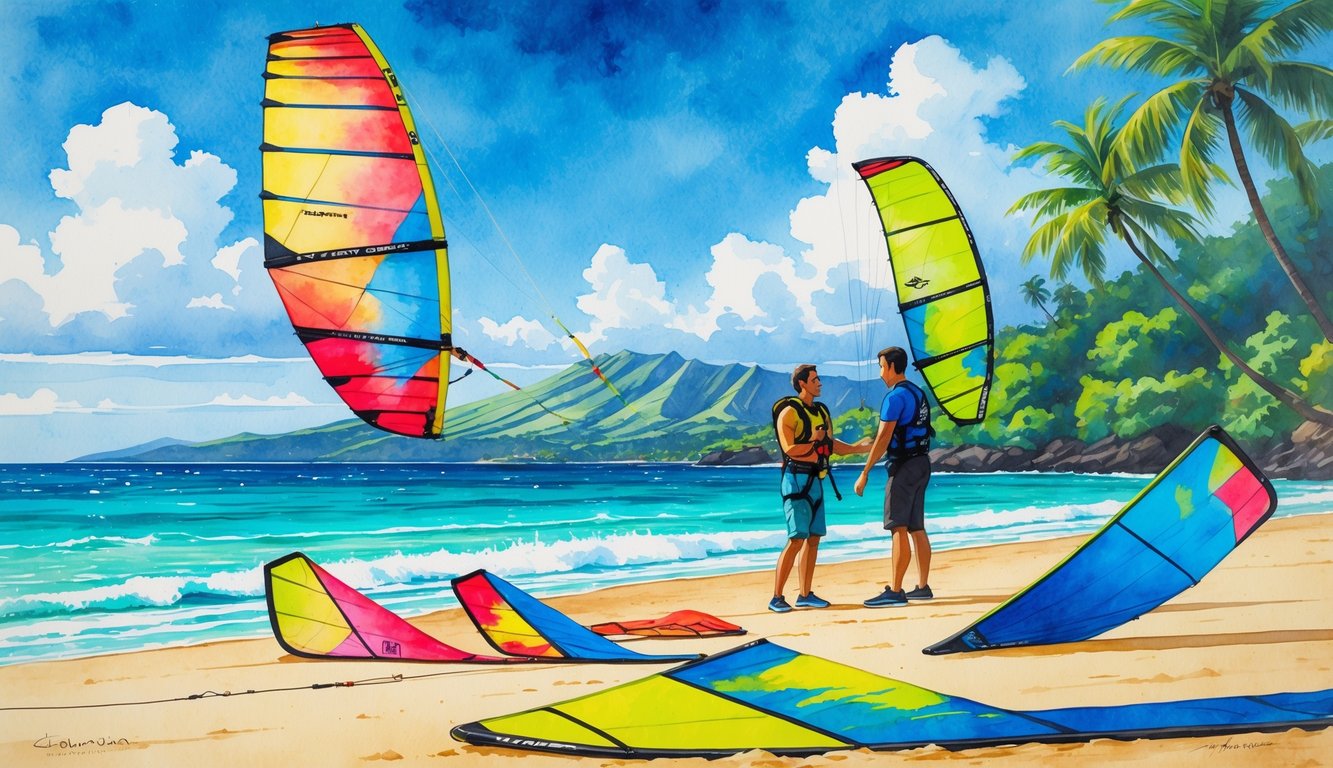 A beginner kitesurfer and instructor on a sandy Hawaiian beach with colorful kites, calm ocean waves, palm trees, and distant mountains.