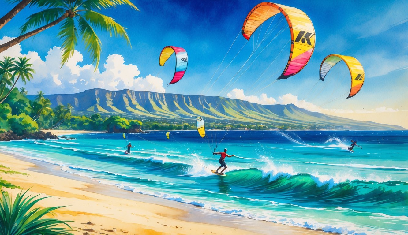 A beach in Hawaii with palm trees, colorful kitesurfing kites in the sky, and people kitesurfing on the ocean waves.
