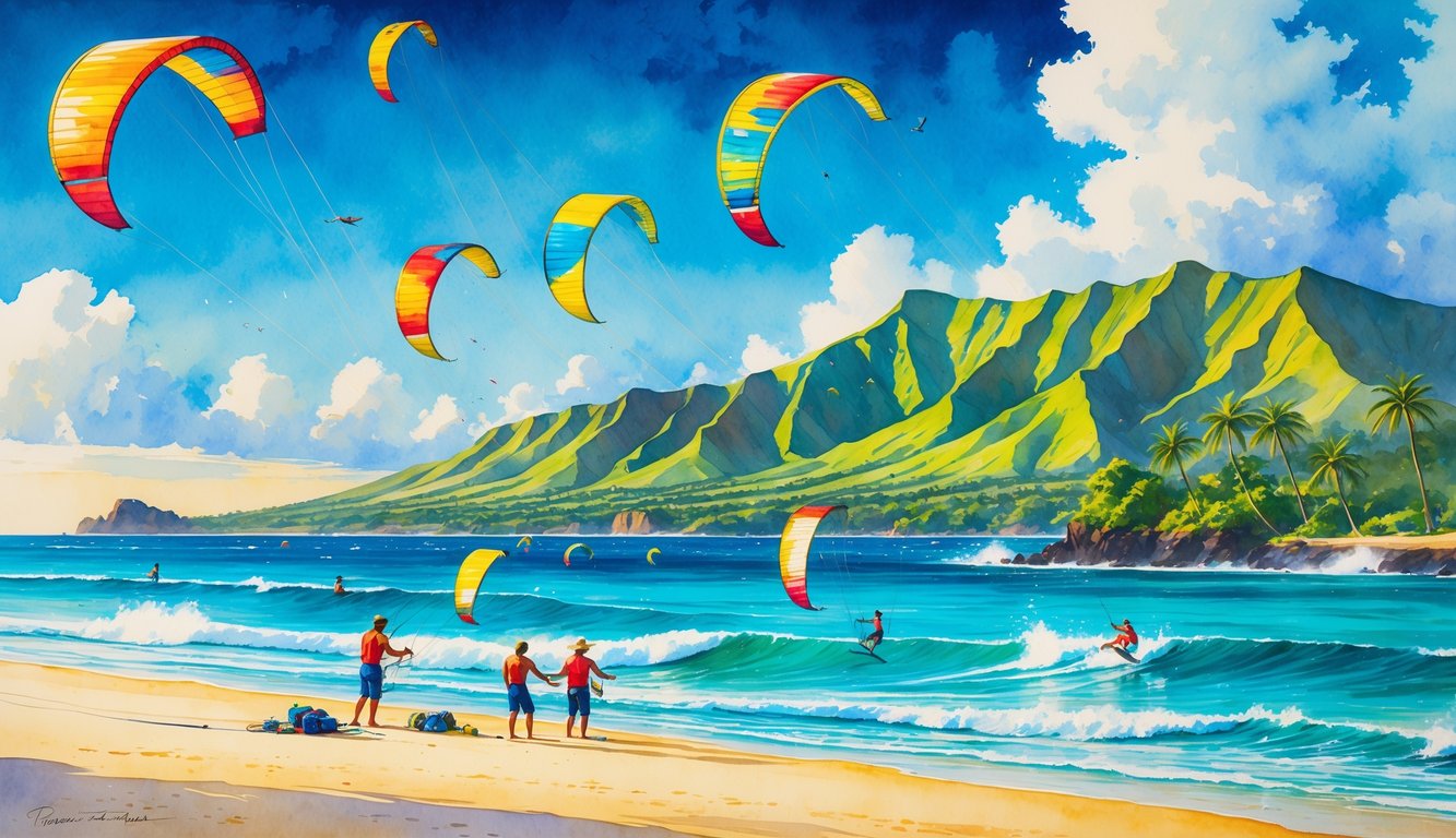 A Hawaiian beach with palm trees, colorful kitesurfing kites in the sky, people preparing and riding waves, and green mountains in the background.