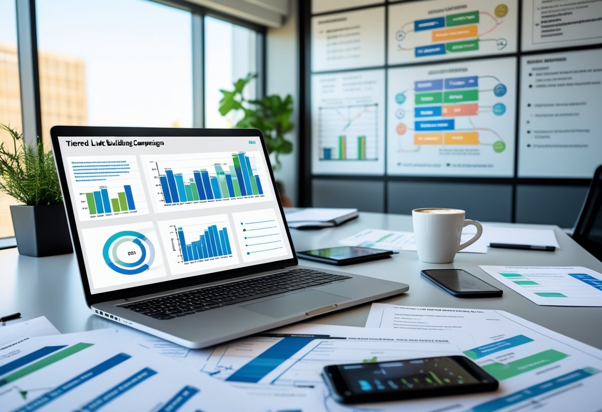 Building Tiered Links the White Hat Way 2 A modern office desk with a laptop showing SEO charts, documents with diagrams, a smartphone with analytics, and a whiteboard with strategic diagrams in the background.