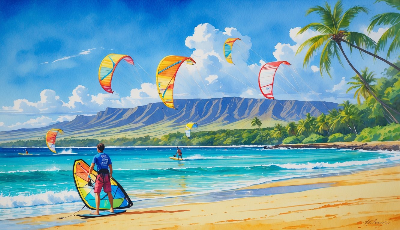 A person preparing a kite and board on a Hawaiian beach with kitesurfers on the ocean and palm trees and mountains in the background.