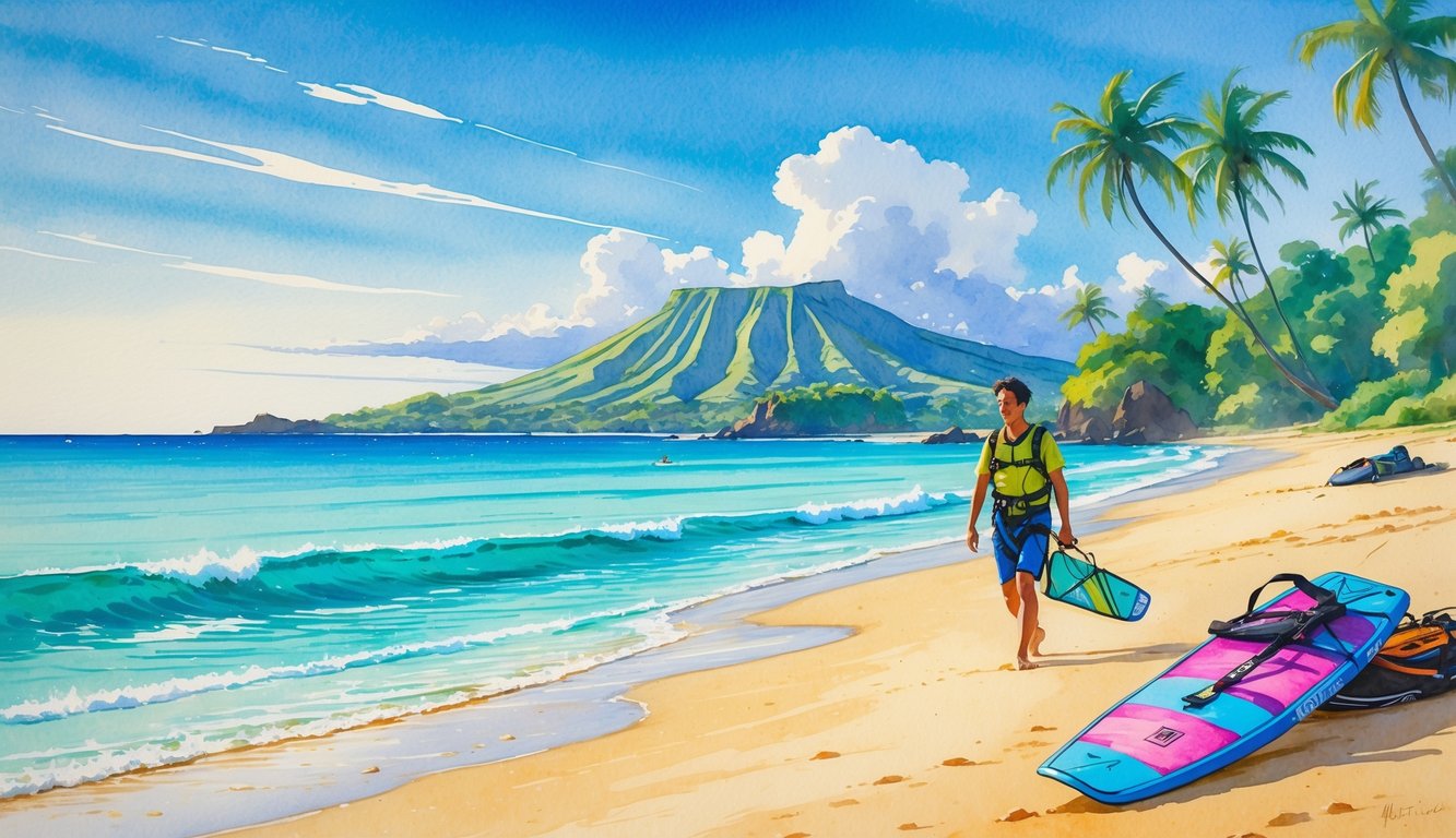 A person walking along a sandy beach carrying kitesurfing equipment with palm trees, ocean, and mountains in the background.