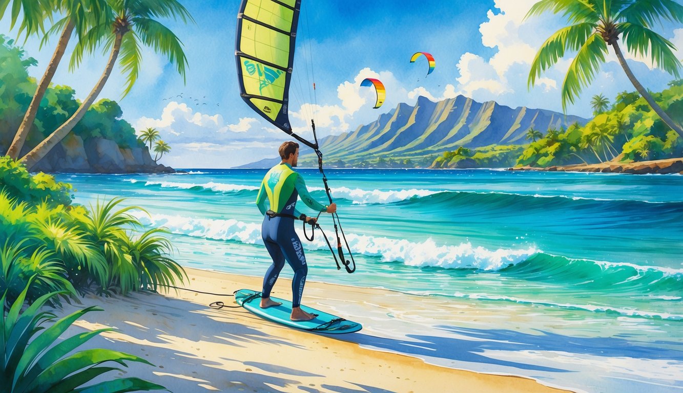 A kitesurfer on a Hawaiian beach preparing their kite and board near clear ocean waves with palm trees and mountains in the background.