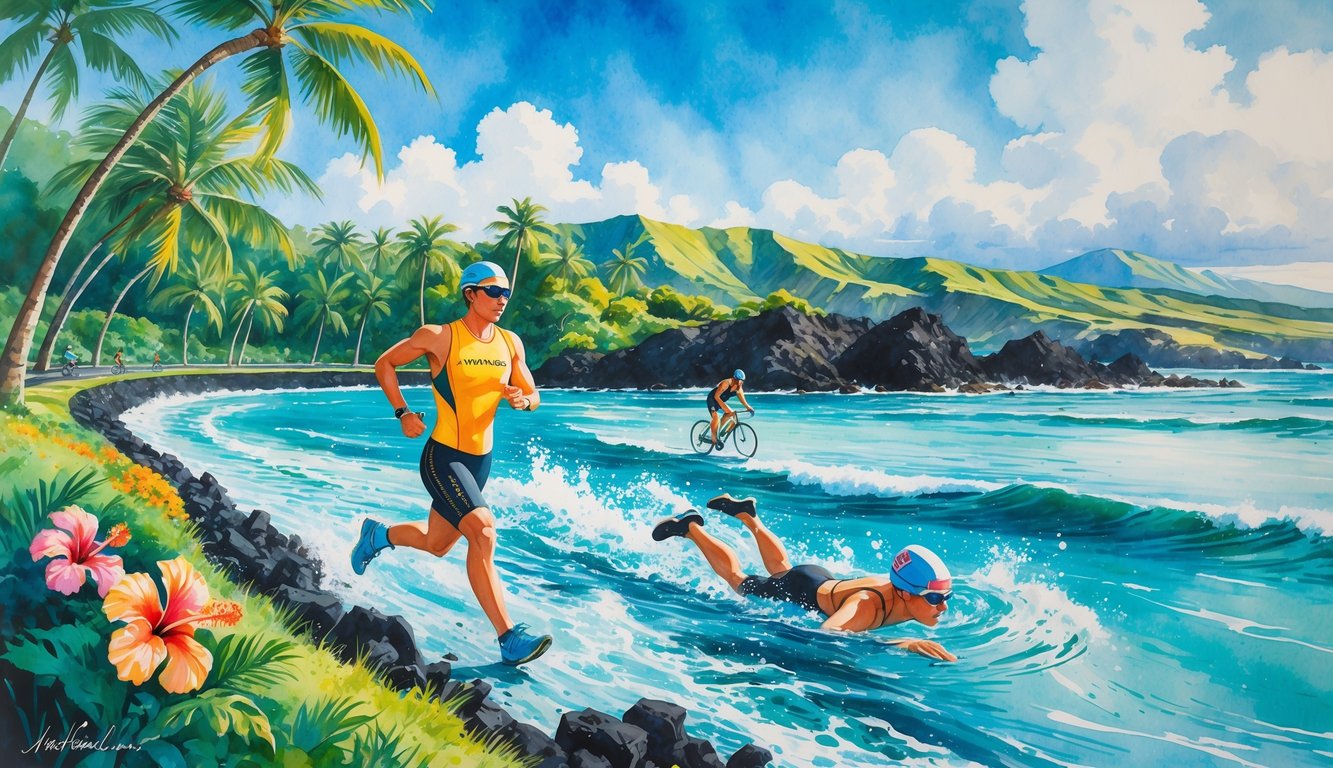 An athlete running along a coastal path with palm trees, a cyclist on a nearby road, and a swimmer diving into the ocean, with mountains and the sea in the background.