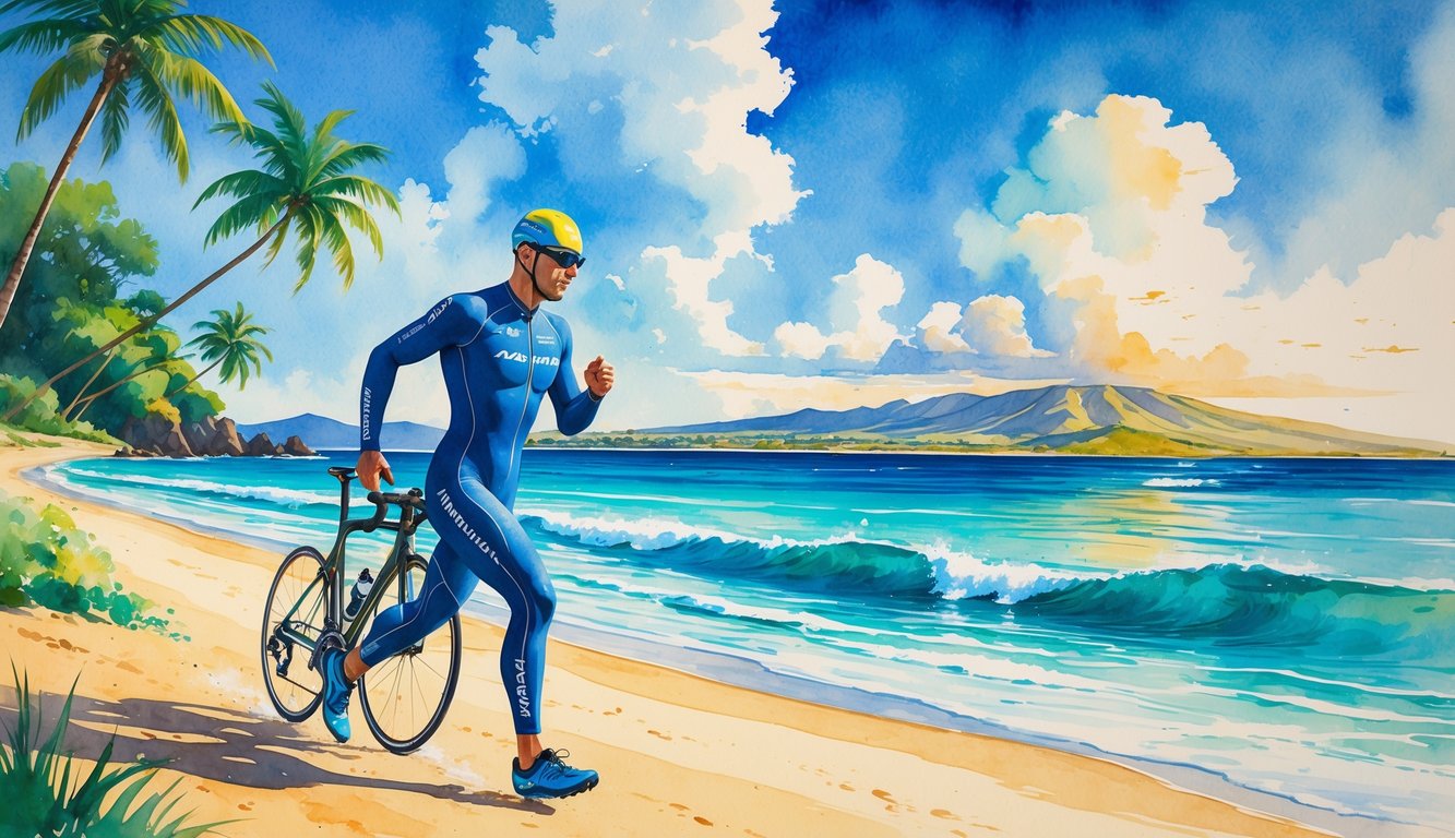 A triathlete running on a Hawaiian beach near a bike, with palm trees, ocean waves, and volcanic mountains in the background.