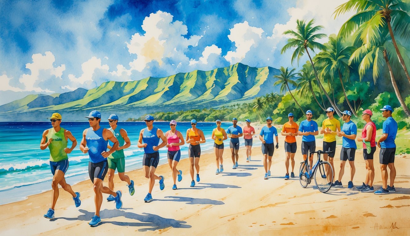 A group of athletes training together on a Hawaiian beach with mountains, palm trees, and ocean in the background.