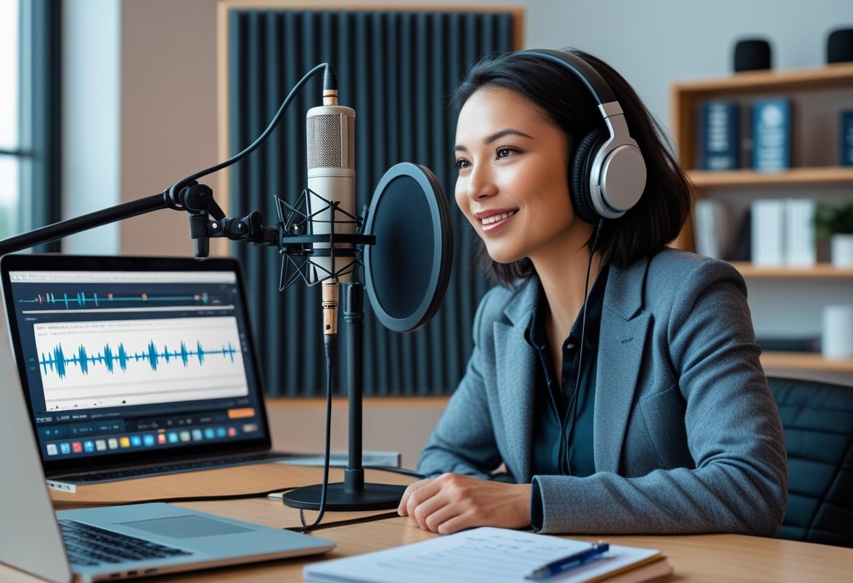 Podcast Backlinks Without Outreach Spam 1 A person wearing headphones speaking into a microphone in a podcast studio with audio equipment and a laptop nearby.