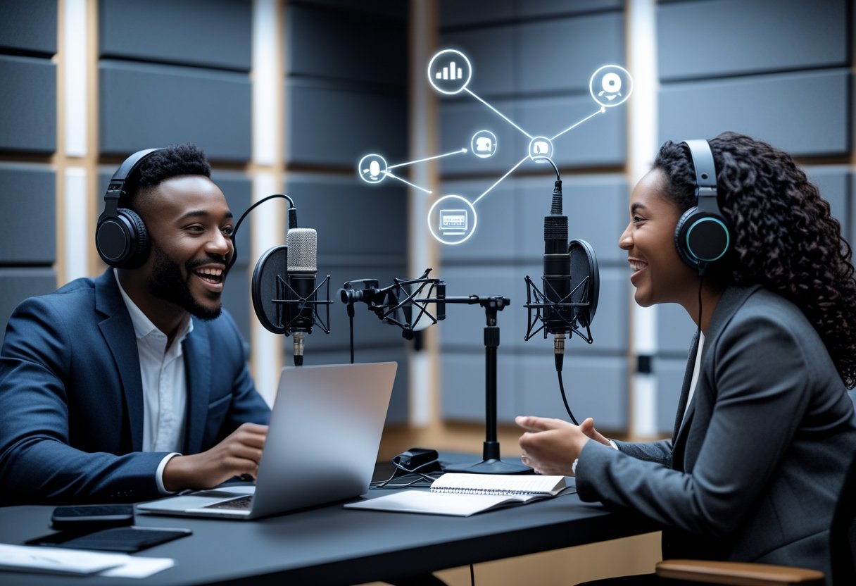 Podcast Backlinks Without Outreach Spam 2 Two people having a podcast interview in a modern recording studio with microphones and laptops.
