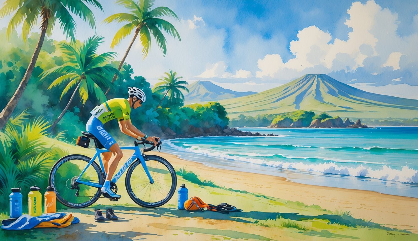 A cyclist preparing a bike near tropical trees and a calm ocean shore with mountains in the background.