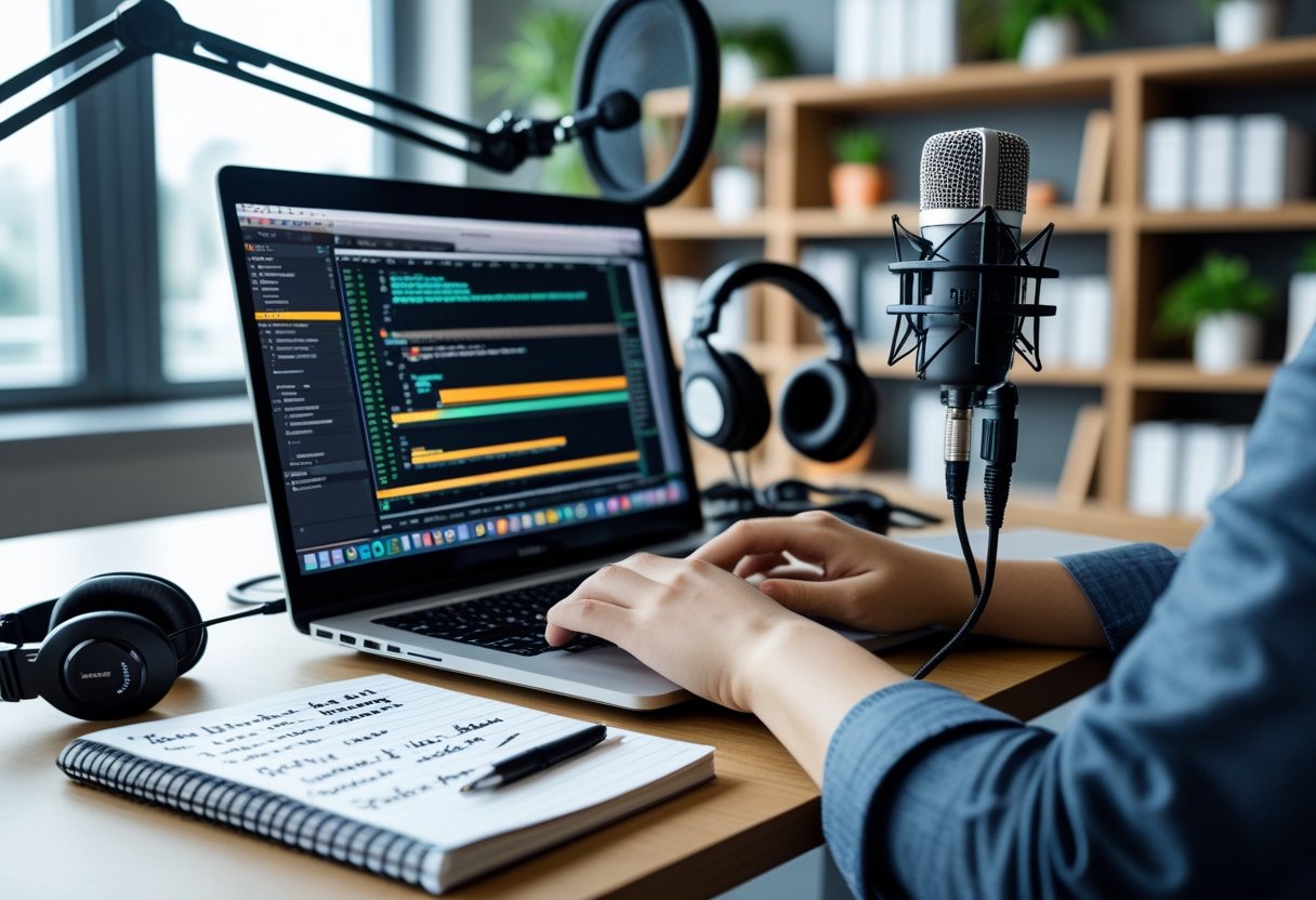 Podcast Backlinks Without Outreach Spam 3 A person typing on a laptop at a desk with a microphone, headphones, and a notebook in a bright office setting.