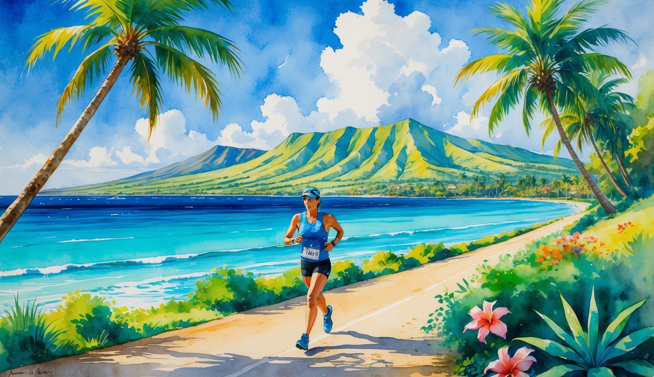 A runner training along a coastal path with palm trees, ocean, and volcanic mountains in the background.