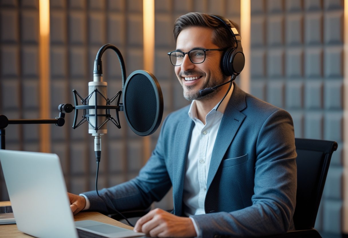 Podcast Backlinks Without Outreach Spam 4 A confident business expert speaking into a microphone in a modern podcast studio with headphones on.