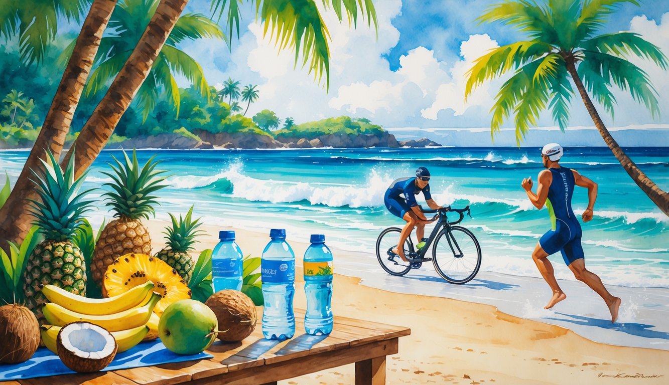 A triathlete running along a Hawaiian beach with fresh fruits, water bottles, and a bicycle near palm trees and ocean waves.