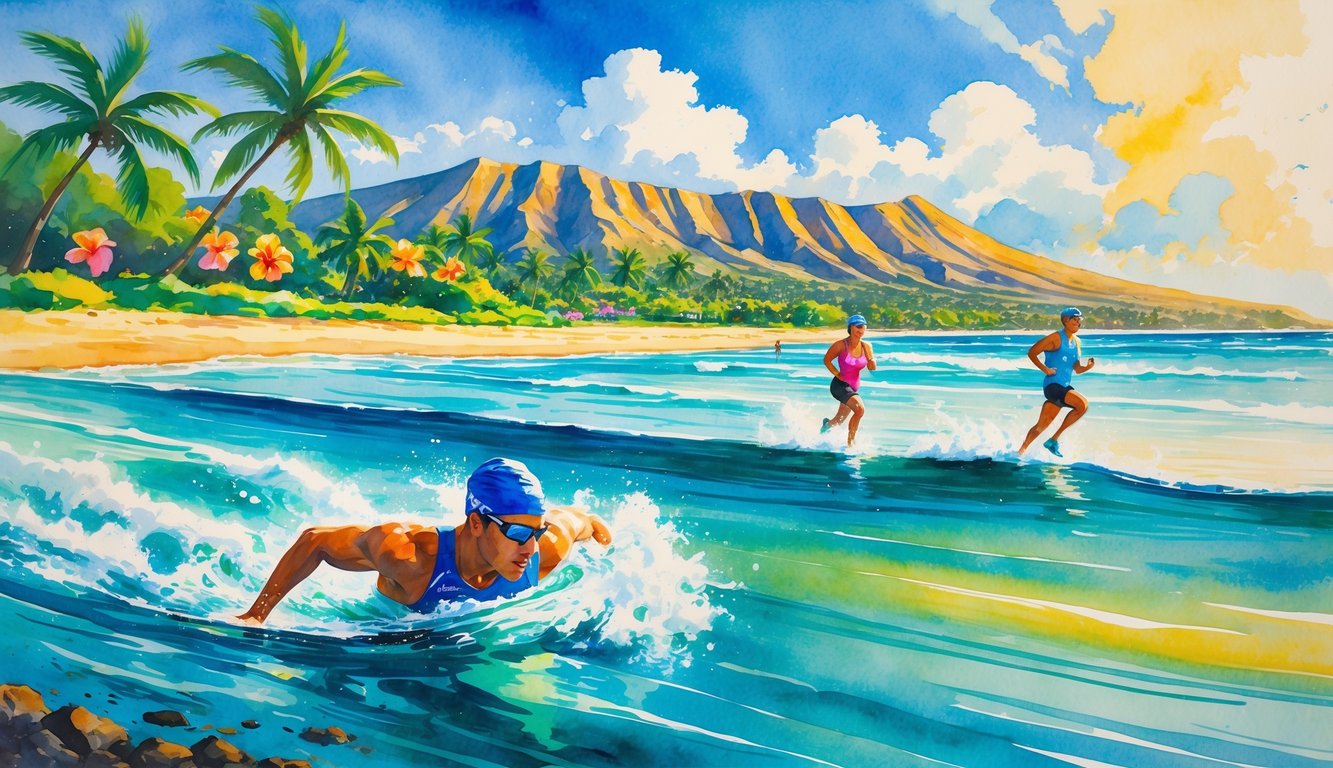 An athlete swimming in the ocean near palm trees and mountains, a cyclist on a coastal road, and a runner on a beach path in a tropical setting.