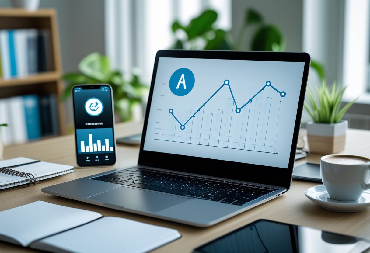 Passive Link Building: How to Earn Links Naturally 1 A workspace with a laptop showing graphs and link icons, surrounded by notebooks, a smartphone, and a cup of coffee.