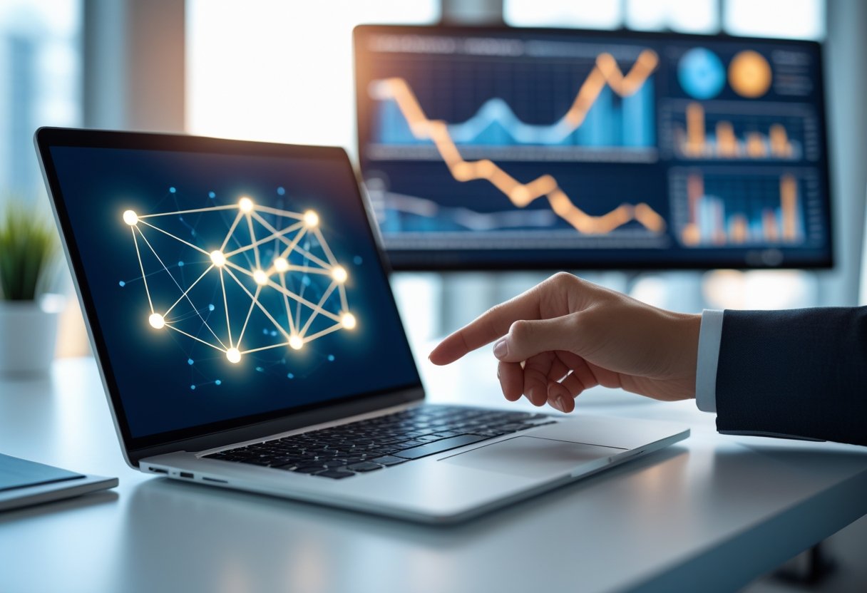 Passive Link Building: How to Earn Links Naturally 2 A person pointing at a laptop screen showing a network diagram with interconnected nodes in a modern office workspace.