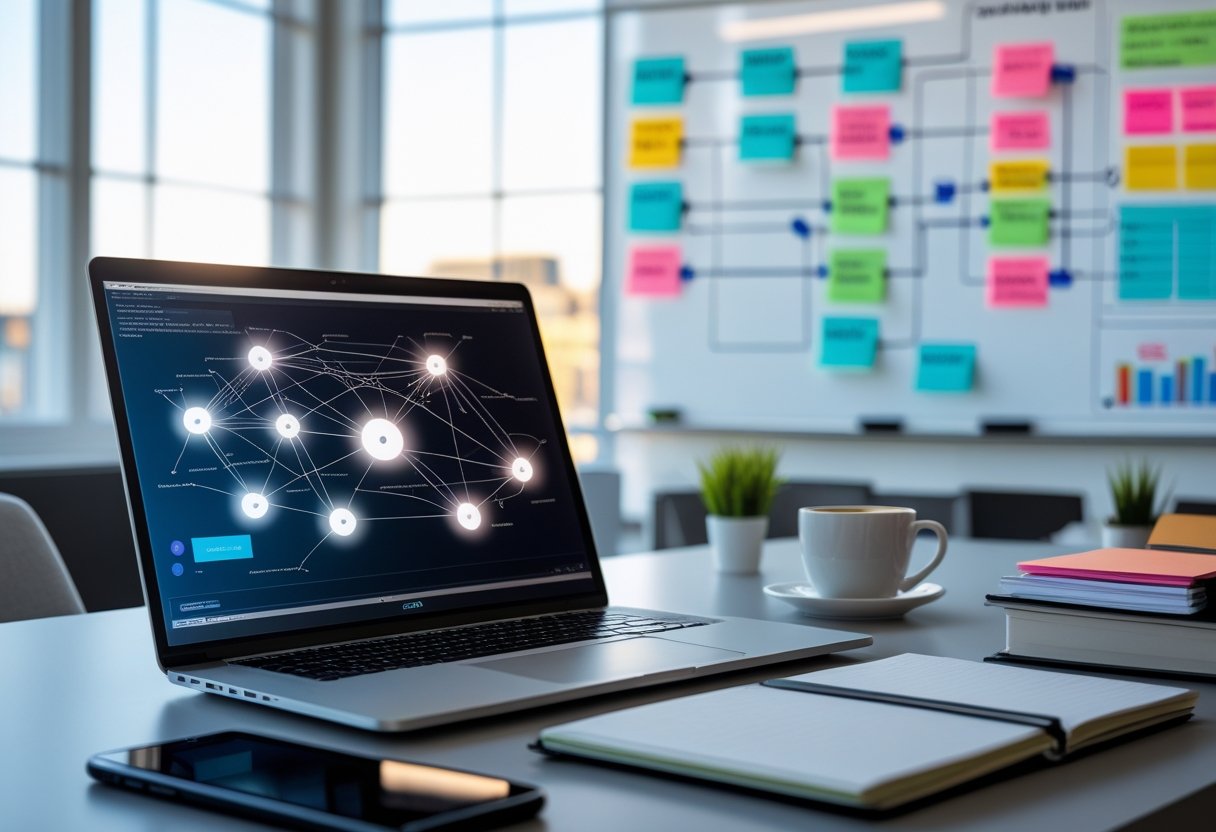 Passive Link Building: How to Earn Links Naturally 3 A modern workspace with a laptop showing a network diagram, notebooks, smartphone, coffee cup, and a whiteboard with flowcharts in a bright office.