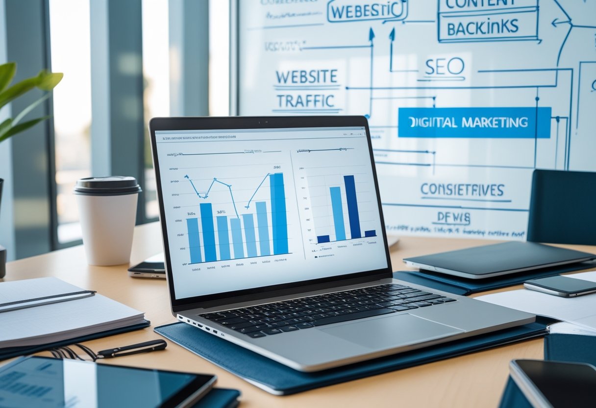 Passive Link Building: How to Earn Links Naturally 4 A modern workspace with a laptop showing graphs, notebooks, a smartphone, and a cup of coffee, with a whiteboard in the background.