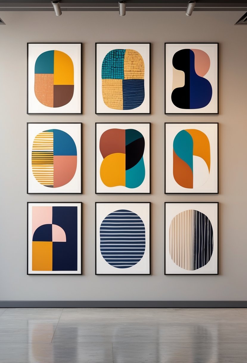 Eight colorful abstract artworks displayed on a clean gallery wall.