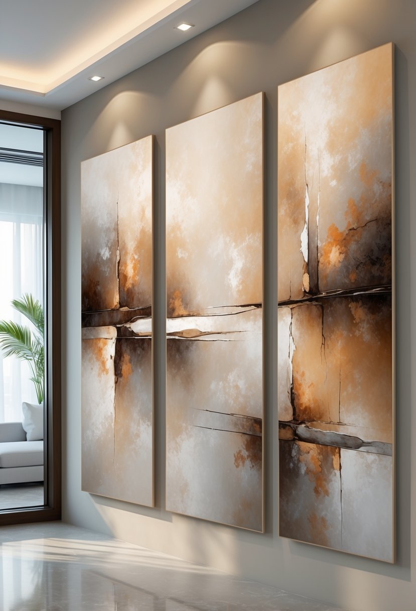A three-piece abstract wall art set with soft earth tones displayed on a neutral wall in a bright room.