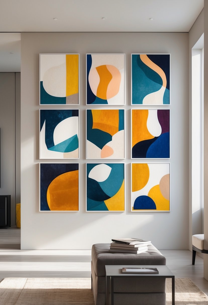 A wall displaying eight colorful abstract art prints arranged in a grid in a bright modern room.