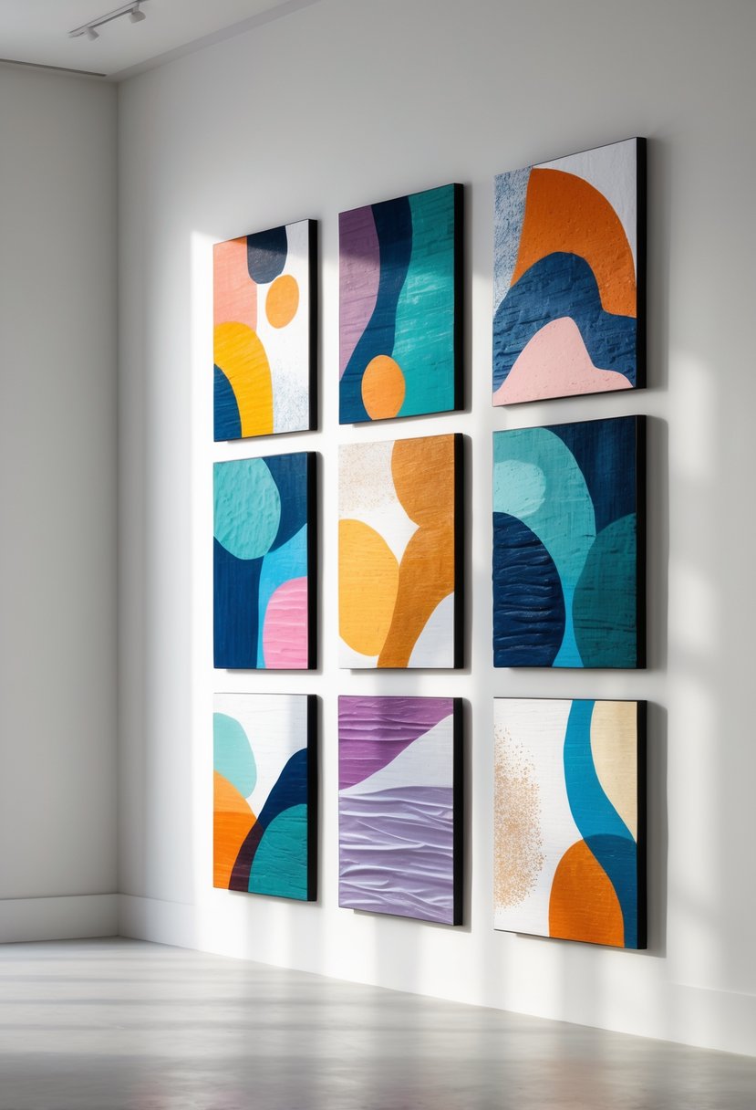 A collection of eight colorful abstract paintings displayed on a white gallery wall.