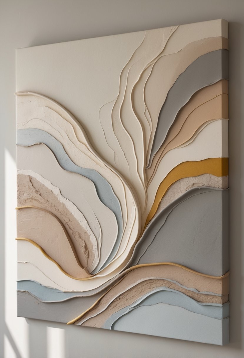 Abstract canvas wall art with flowing shapes and earth tone colors hanging on a neutral wall.