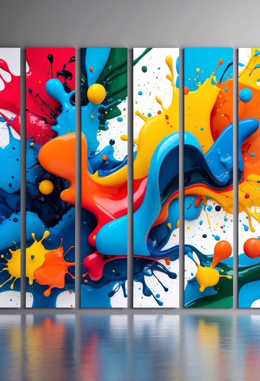 A colorful abstract wall art made up of eight panels with bright paint splashes and fluid shapes.