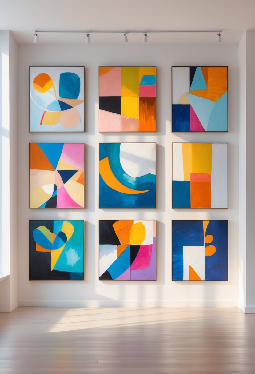 A gallery wall displaying eight colorful abstract paintings in a bright, modern room.