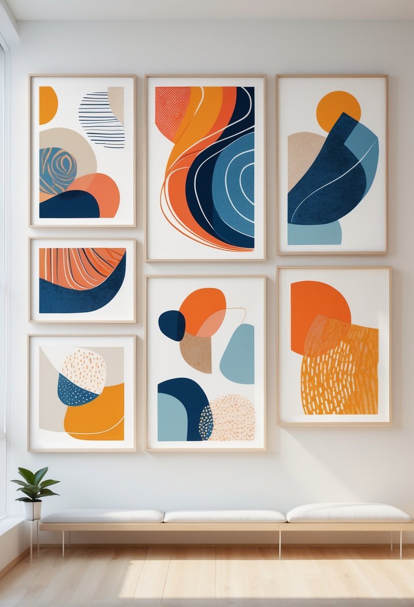 A modern interior wall displaying eight colorful abstract art prints arranged in a balanced gallery layout.