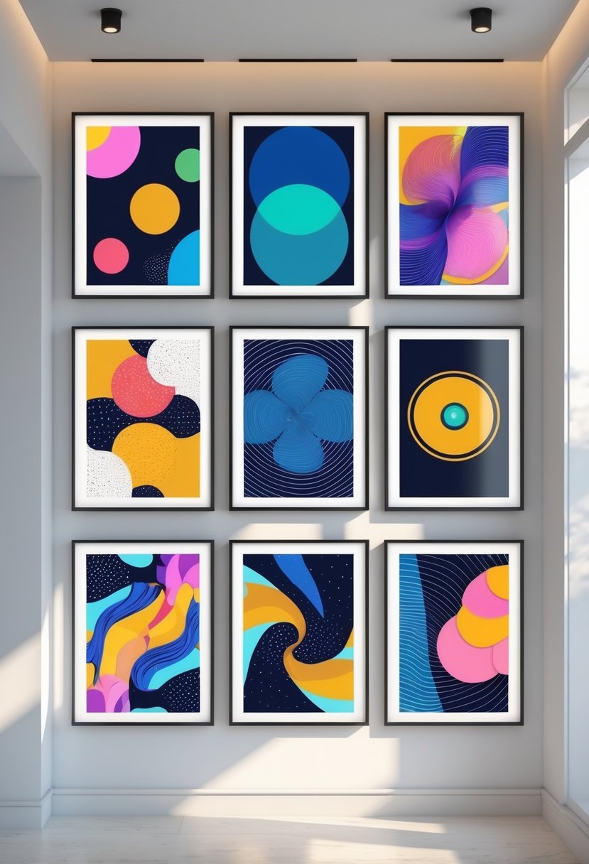 A set of eight colorful abstract digital prints arranged on a white wall in a modern room.