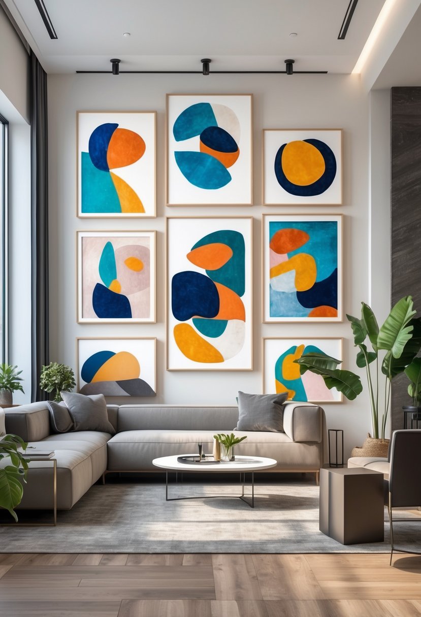 A bright living room with eight abstract paintings on the wall, modern furniture, and plants.