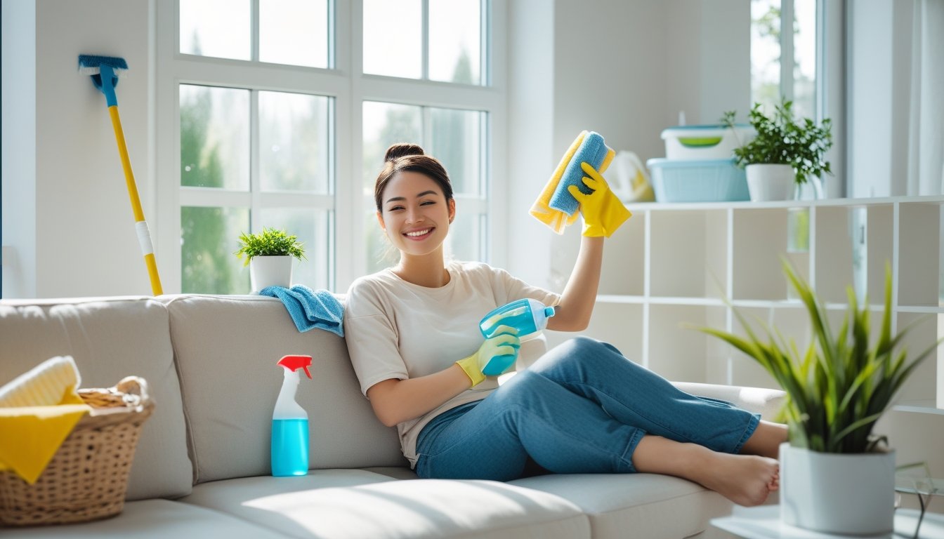 A young woman casually cleaning a bright living room, dusting a shelf with a cloth and holding a spray bottle, surrounded by household items.