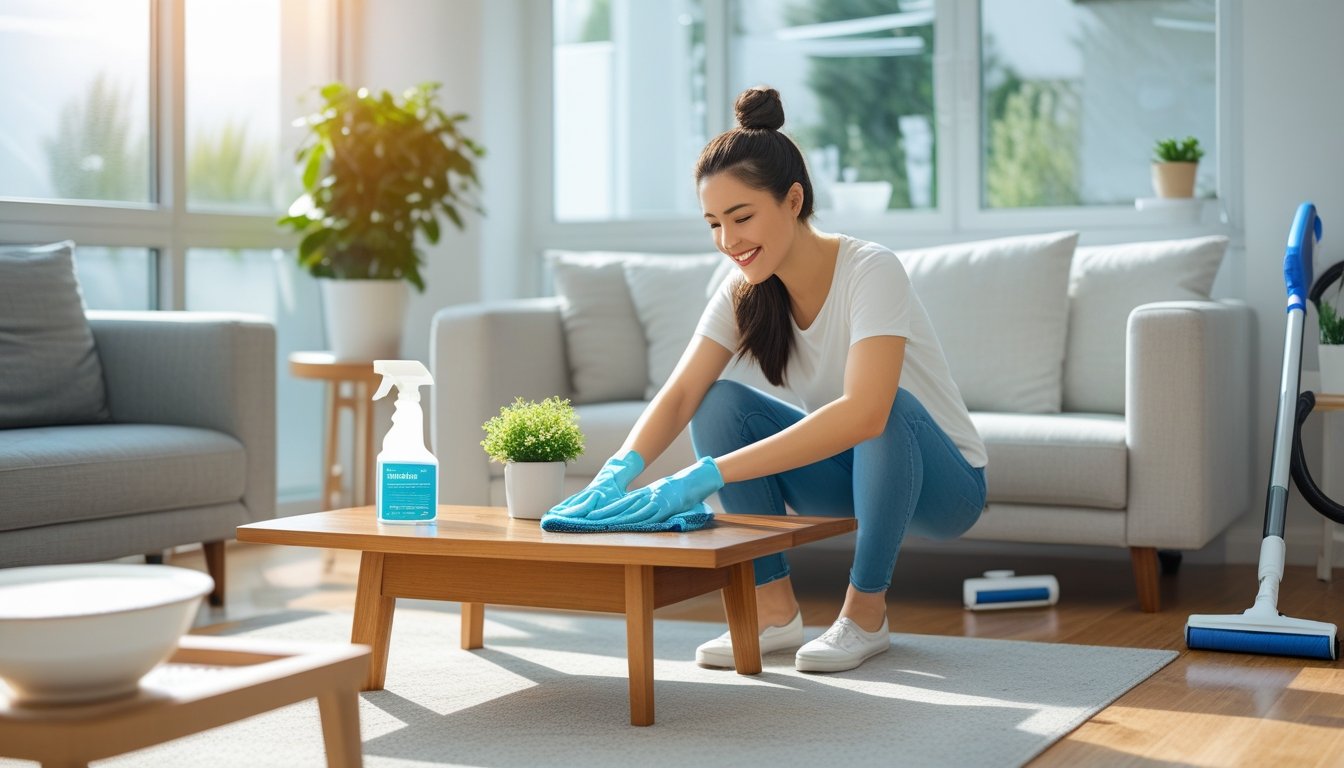 A young woman freshening up a bright, tidy living room using a spray bottle and cloth, with cleaning items like a potted plant and baking soda visible.