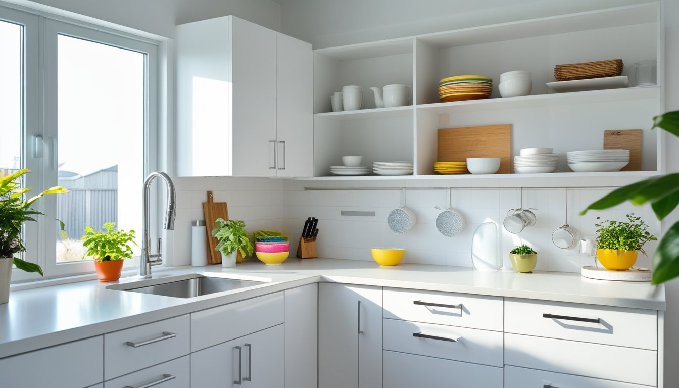 Bright modern kitchen with white cabinets, open shelves, and organized countertop featuring plants and bowls.
