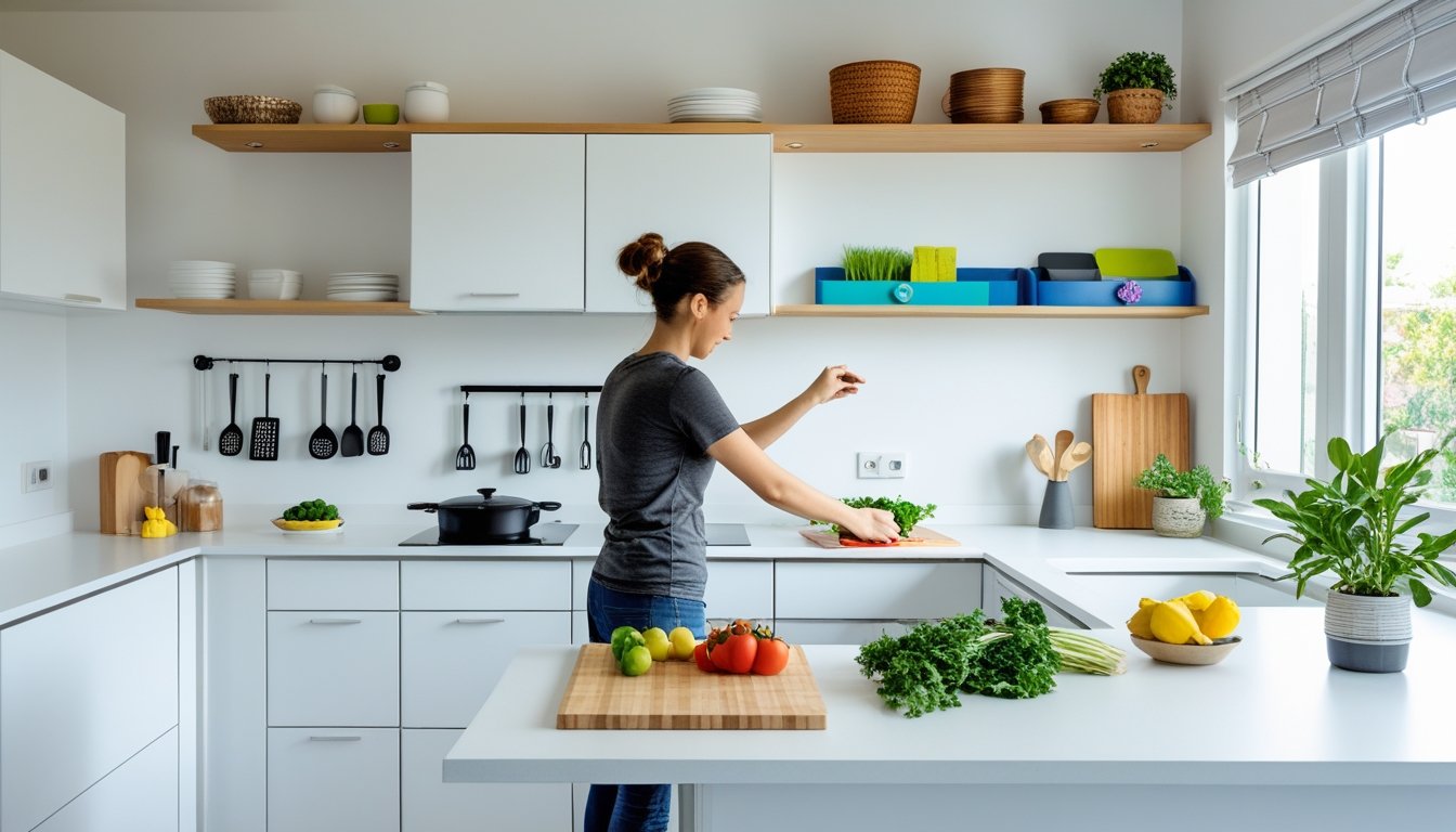 A person arranging kitchen utensils on a bright, modern kitchen countertop with white cabinets and wooden shelves.