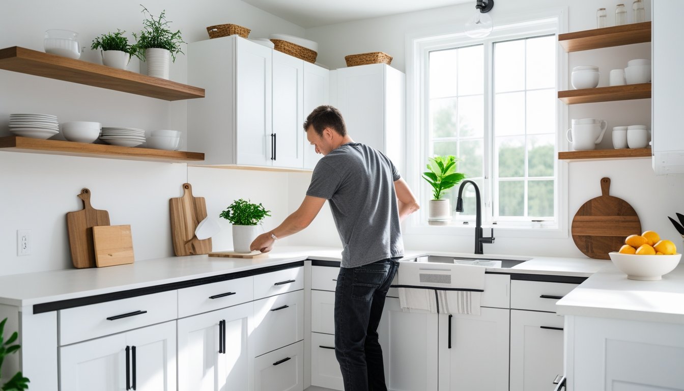A person working on a kitchen cabinet in a bright, modern kitchen with white cabinets, wooden shelves, and natural light.