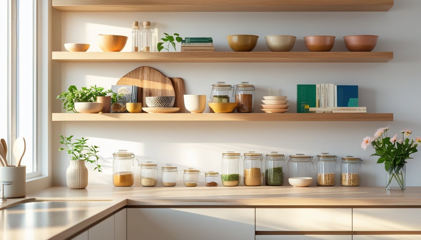 Open wooden kitchen shelves neatly arranged with bowls, jars, plants, and cookbooks in a bright kitchen.